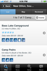 Camp Finder iPhone app from CampingRoadTrip.com showing a list of campgrounds and RV Parks with amenities and rates